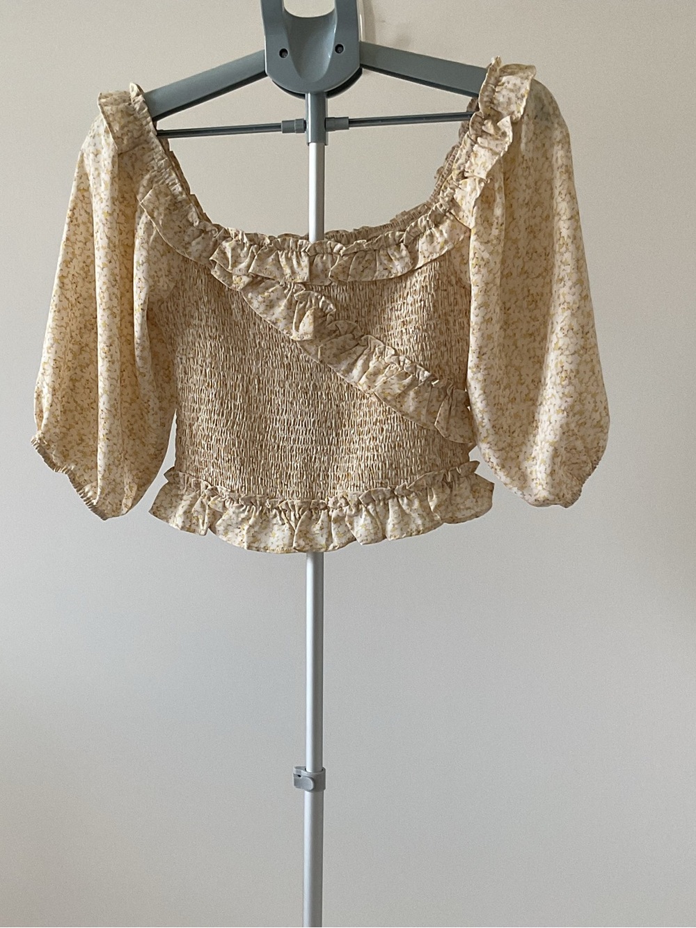 Lush Floral Smocked Puff Sleeve Crop Blouse Cream Cottagecore